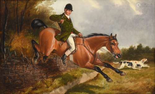 John Alfred Wheeler (1821-1903) Taking a fence Signed, oil on board, 28cm by 45.5cm See