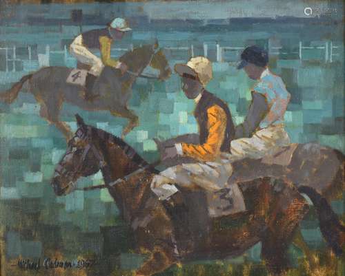 Michael Lawrence Cadman (1920-2012) Race horses with jockeys up Signed, oil on canvasboard, 40cm