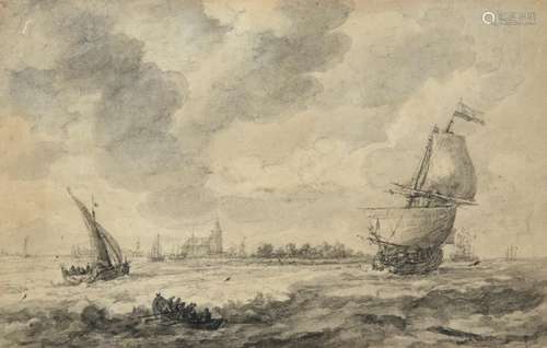 Attributed to Karel la Fargue (1738-1793) Dutch Estuary scene with shipping before a town Bears