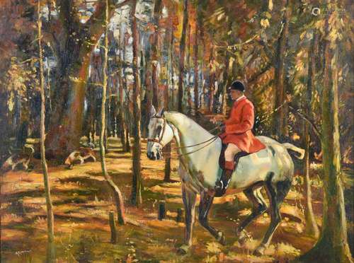 Arthur Spooner (1873-1962) Huntsman and hounds on the scent in Autumnal woodland Signed, oil on