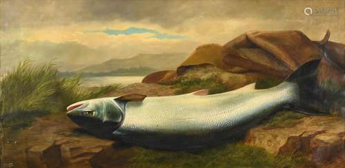 John Bucknell Russell (1819-1893) Landed salmon and canvas bag by the waterside Signed, oil on