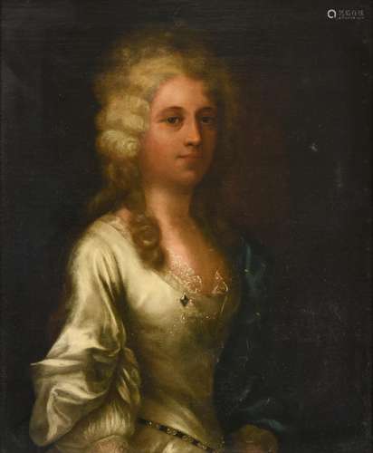 English School (late 18th century) Portrait of a lady, wearing a white satin dress trimmed with lace