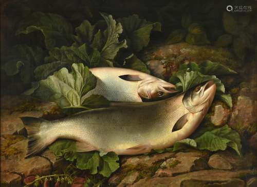 Attributed to John Bucknell Russell (1819-1893) Landed Salmon on the riverbank Oil on canvas, 62cm