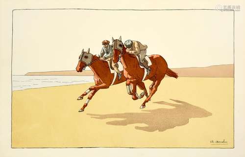 Charlotte Ancelin (19th/20th century) French Race horses exercising on the beach Lithograph,