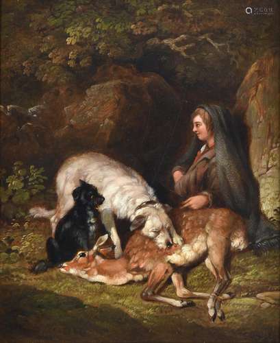 Follower of Sir Edwin Henry Landseer RA (1802-1873) Deer hunter with kill and attendant hounds Oil