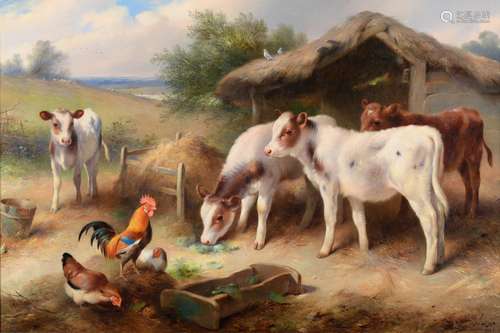 Walter Hunt (1861-1941) Calves and poultry feeding at a thatched stable Signed and dated 1921,