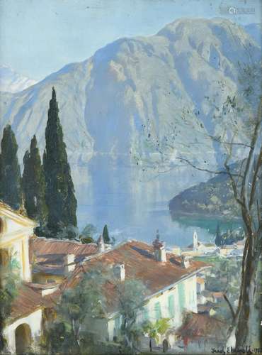 Frederick William Elwell RA (1870-1958) Vista of an Italian Lake from a hillside Signed and dated