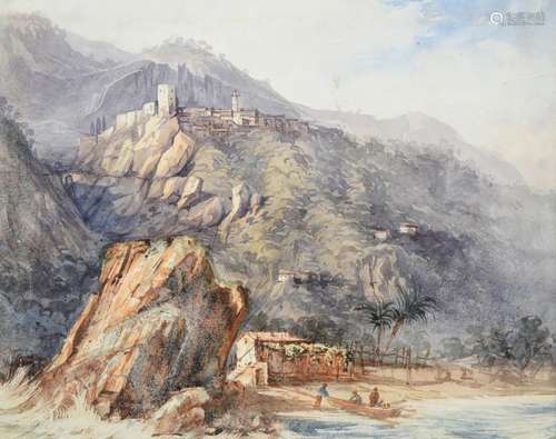 William Purser (c.1790-1852) Bringing in a rowing boat on a tropical shoreline Watercolour, 15.5cm