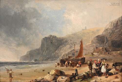 Circle of William Collins (1788-1847) Fisherfolk and beached vessels on a rugged shore Oil on board,