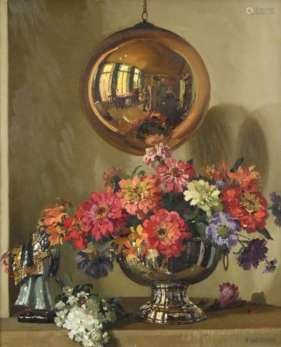 Herbert Davis Richter RI, RSW, ROI (1874-1955) ''Zinneas'' - Still life of flowers in a silver