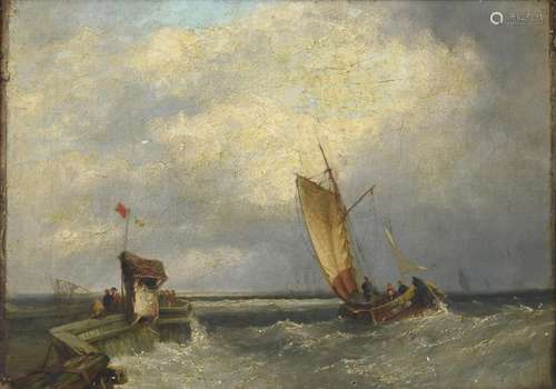 John James Wilson (1818-1875) Scottish Fishing boats off a pier in choppy waters Signed, oil on