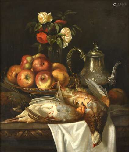 British School (19th century) Still life of mixed roses, a platter of apples, a silver tea pot and