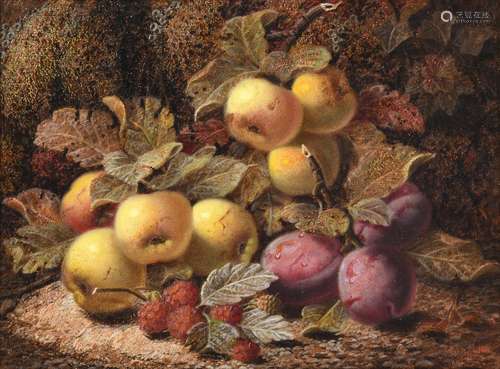 Oliver Clare (1853-1927) Still life of apples, plums and raspberries on a mossy bank Signed, oil