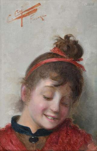 Cipriano Cei (1867-1922) Italian Portrait of a young girl, head and shoulders, wearing a scarlet