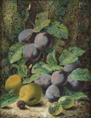 Oliver Clare (1853-1927) Still life of plums, apples and gooseberries on a mossy bank Signed, oil on