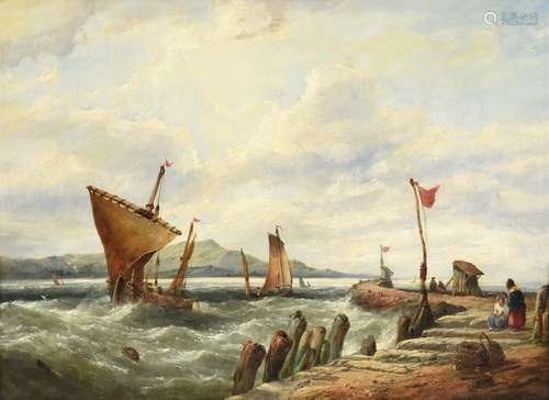 John James Wilson (1818-1875) Scottish Fisher folk on a jetty in blustery weather Signed, oil on