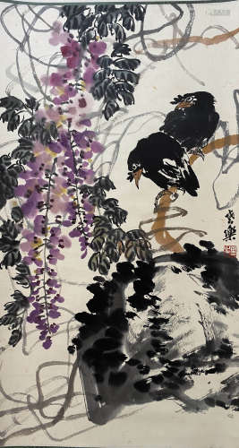A Chinese Flowers&birds Painting Scroll, Zhu Kesan Mark