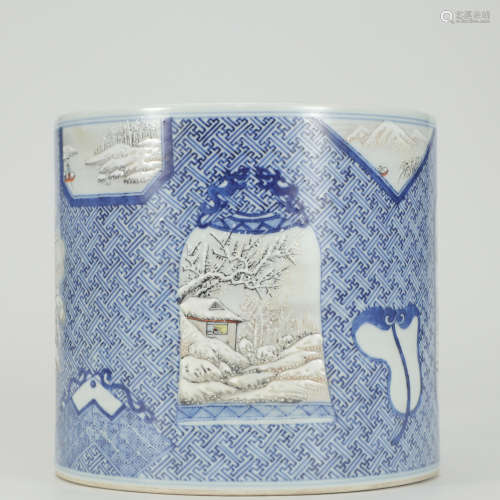 A Blue and White Famille Rose Landscape Porcelain Brush Pot