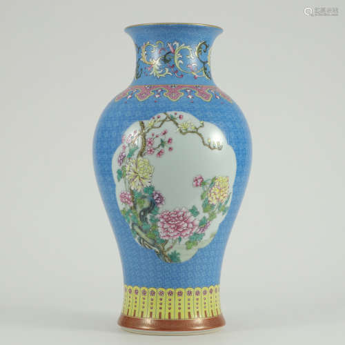 A Blue Ground Famille Rose Floral Porcelain Vase
