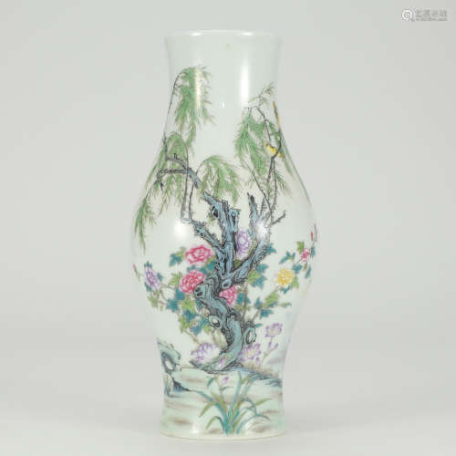 A Famille Rose Flower&Bird Pattern Porcelain Guanyin Vase