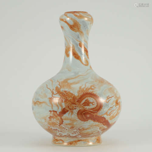 A Red Glaze Dragon Pattern Garlic-head Porcelain Bottle