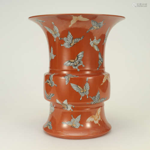 A Carmine Red Famille Rose Butterflies Pattern Porcelain Beaker Vase