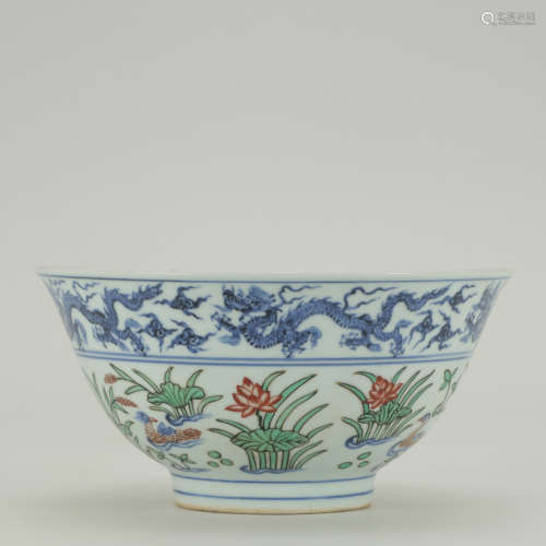 A Blue and White Dragon Pattern Famille Verte Mandarin Duck Porcelain Bowl
