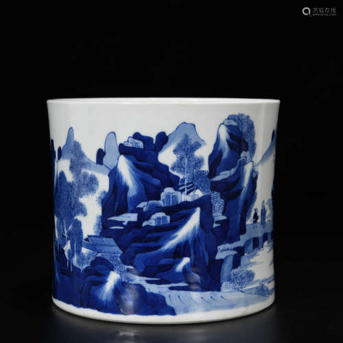 A Blue And White Lanscape Porcelain Brush Pot