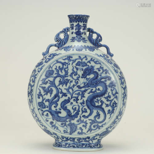 A Blue and White Dragon&Phoenix Pattern Porcelain Double-eared Oblate Vase