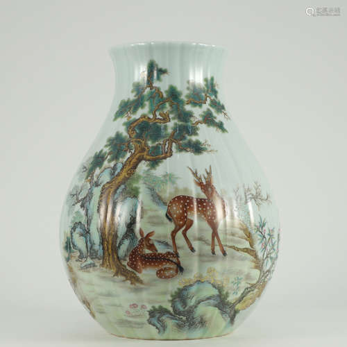 A Celadon Glaze Famille Rose Pine&Deer Pattern Porcelain Inscribed Zun