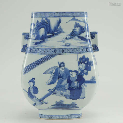 A Blue and White Figures Porcelain Double-eared Zun