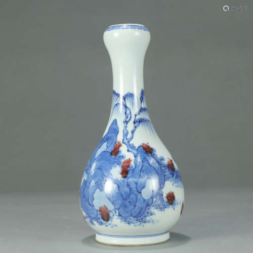 A Blue and White Underglazed Red Figure Porcelain Garlic-head Bottle