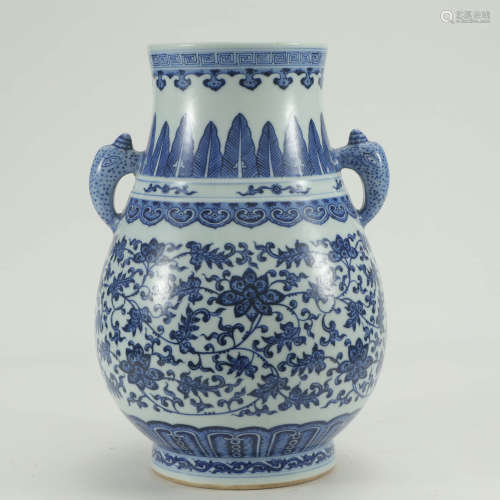 A Blue and White Twining Flowers Pattern Porcelain Double-eared Zun
