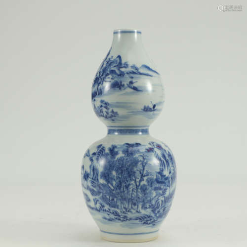 A Blue and White Landscape Figure Porcelain Gourd-shaped Vase