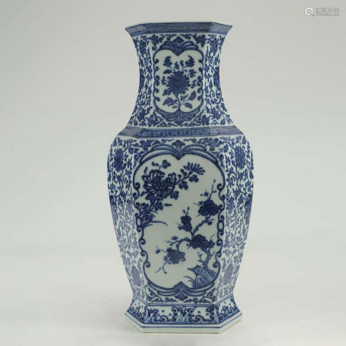 A Blue and White Twining Lotus Pattern Porcelain Hexagonal Vase