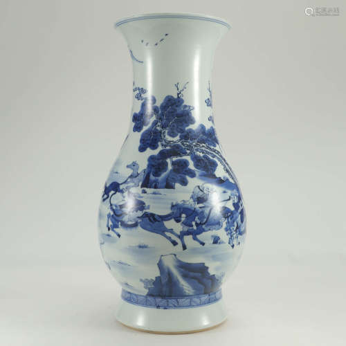 A Blue and White Hunting Painted Porcelain Guanyin Vase