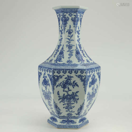 A Blue and White Floral Porcelain Hexagon Vase