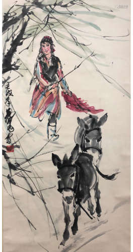 A Chinese Figure&Donkey Painting Scroll, Huang Zhou Mark