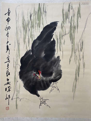 A Chinese Rooster Painting Scroll, Wang Ziwu Mark
