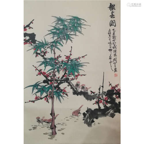 A Chinese Bamboo&Plum Blossom Painting Scroll, Guan Shanyue Mark