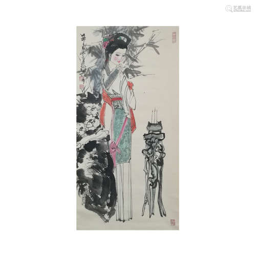 A Chinese Figure Painting Scroll, Lin Yong Mark