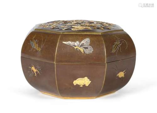A Japanese Inlaid Bronze Box and Cover, Meiji period, of cushioned octagonal form, decorated with