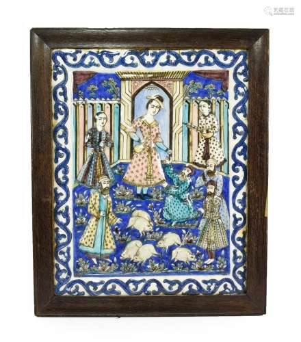 A Large Qajar Pottery Tile, circa 1880, moulded and painted with Sheikh Sana'an and the Christian