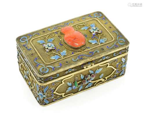 A Chinese Silver Gilt and Enamel Box, early 20th century, of rectangular form, filigree decorated