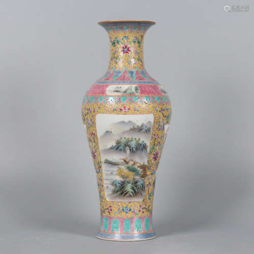 A Famille Rose Floral Landscape Pattern Porcelain Vase