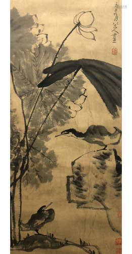 A Chinese Lotus Pond Painting Scroll, Ba Da Shanren Mark