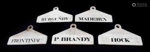 ~ Five Creamware Bin Labels, 19th century, inscribed in black P BRANDY, BURGUNDY, FRONTINIAC,
