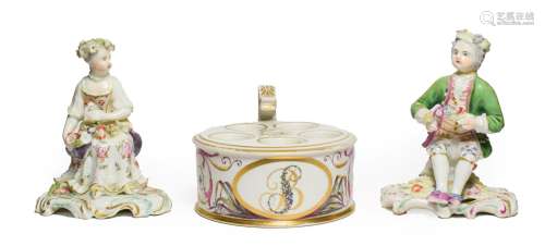 A Derby Porcelain Inkwell, circa 1780, of drum form with angular handle and central covered quill