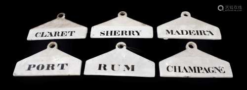 ~ Six Creamware Bin Labels, 19th century, inscribed in black RUM, SHERRY, MADEIRA, CHAMPAGNE, PORT