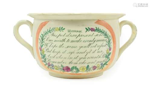 A Sunderland Lustre Chamber Pot, early 19th century, printed and painted with PRESENT AND MARRIAGE